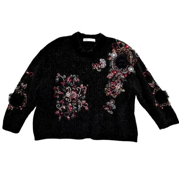 Zara Black Chenille Embellished Sweater Women’s M Beaded Sequin Velvet Floral - Picture 6 of 10